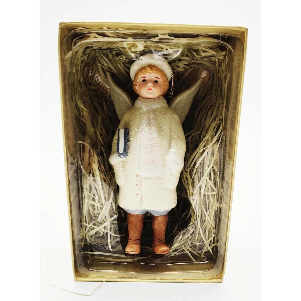 MIB Vtg Style Costco Christmas Ornament Glitter Ceramic Snow Angel Caroler Girl